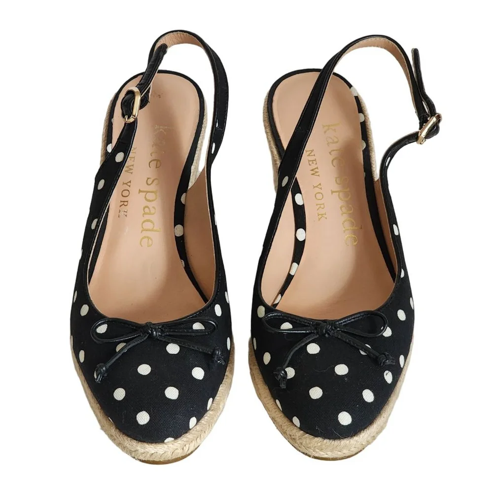KATE SPADE Panama Night Black White Polka Dot Slingback Espadrille Wedges Size 8